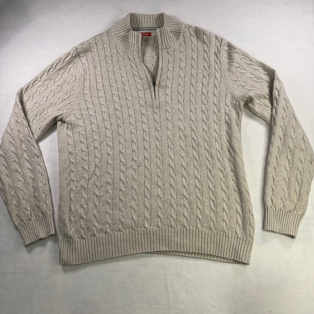 IZOD Mens XL Quarter Zip Cable Knit Sweater Oatmeal Beige Mock Neck Pullover
